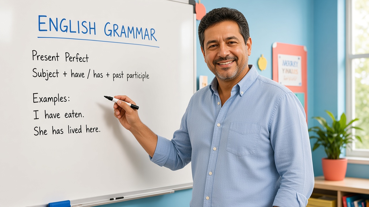 Vladimir Alejandro Urtecho Ortiz dando una clase de inglés junto a una pizarra con gramática
